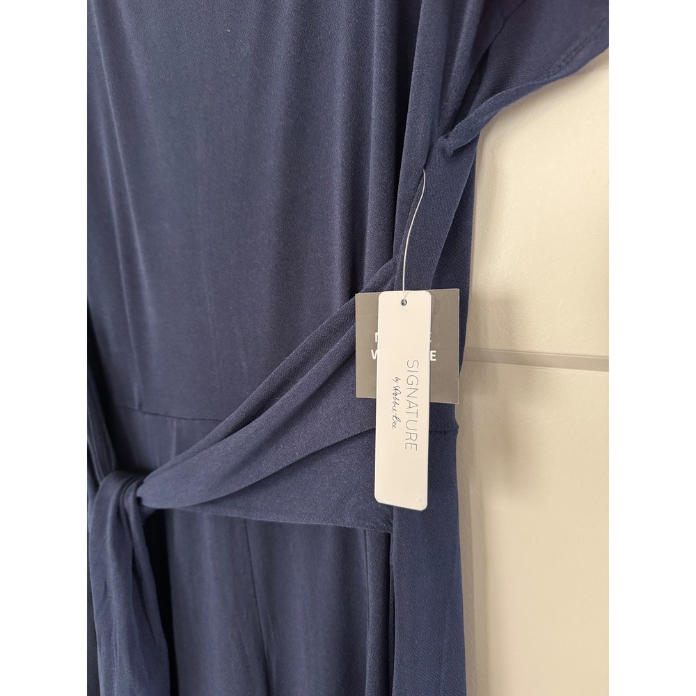 Signature by Robbie Bee Navy Blue Wide Leg Jumpsuit Short Sleeve Waist Tie Large - Picture 3 of 6